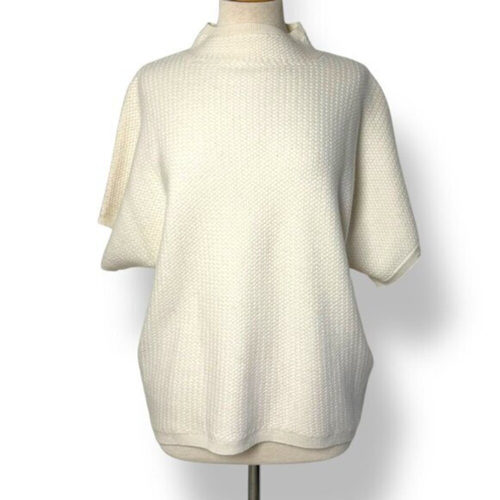 NWT 100% Cashmere Basketweave Short Sleeve Mock Turtleneck Cream Sweater Sz S
